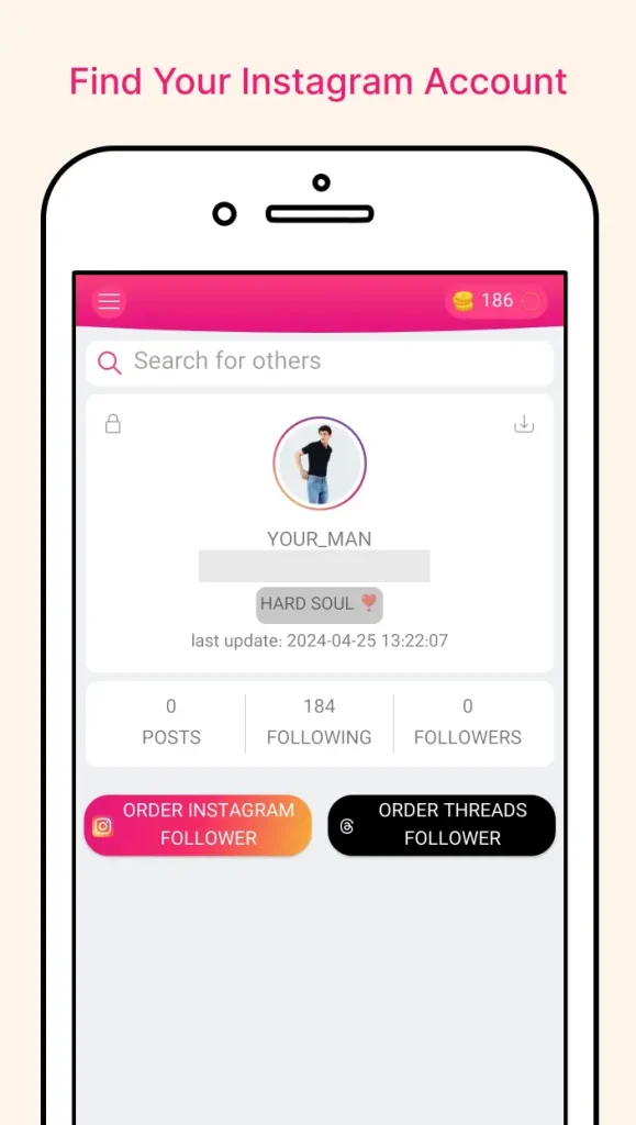 Find Your Instagram account in InstaUp APK