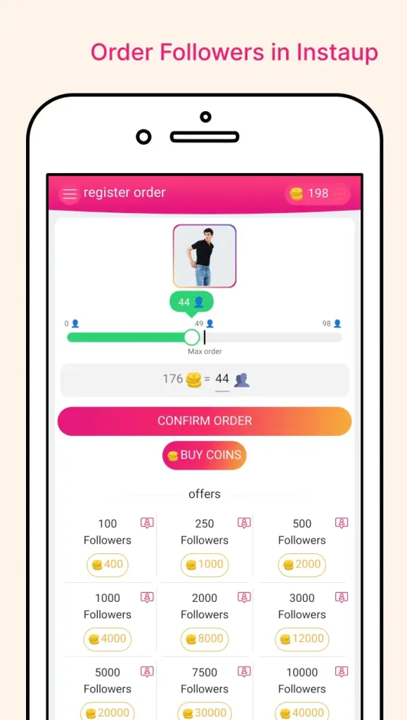 Order free followers in Insta Up APK